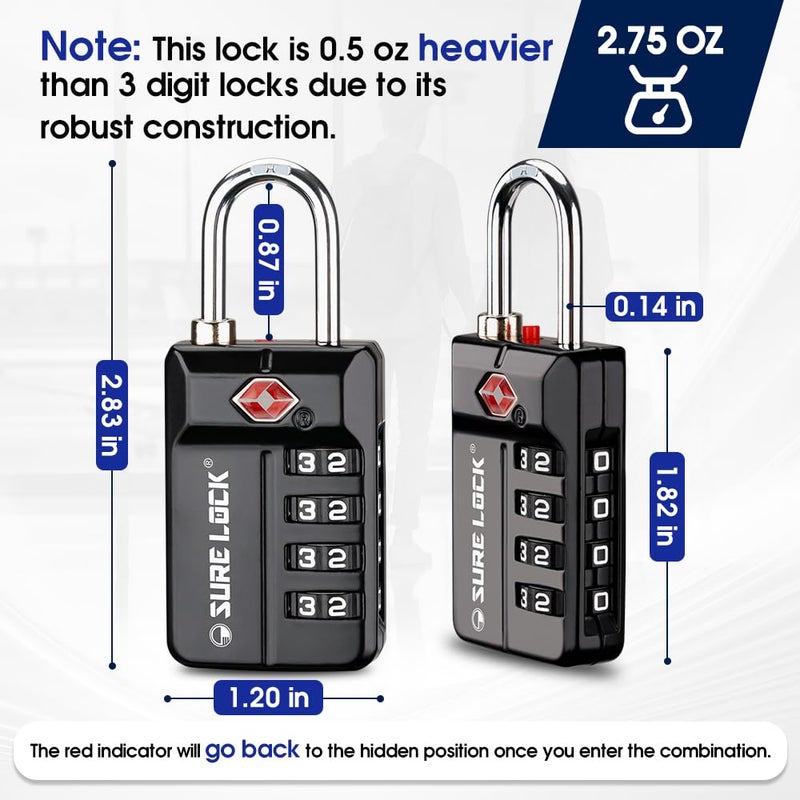 SURE LOCK TSA Approved 4-Digit Resettable Combination Luggage Lock with Open Alert, Easy-Read Dials - for Luggage, School Lockers, Gym, Office, Toolbox & Security Cases (Black 1 Pack) - Image 4